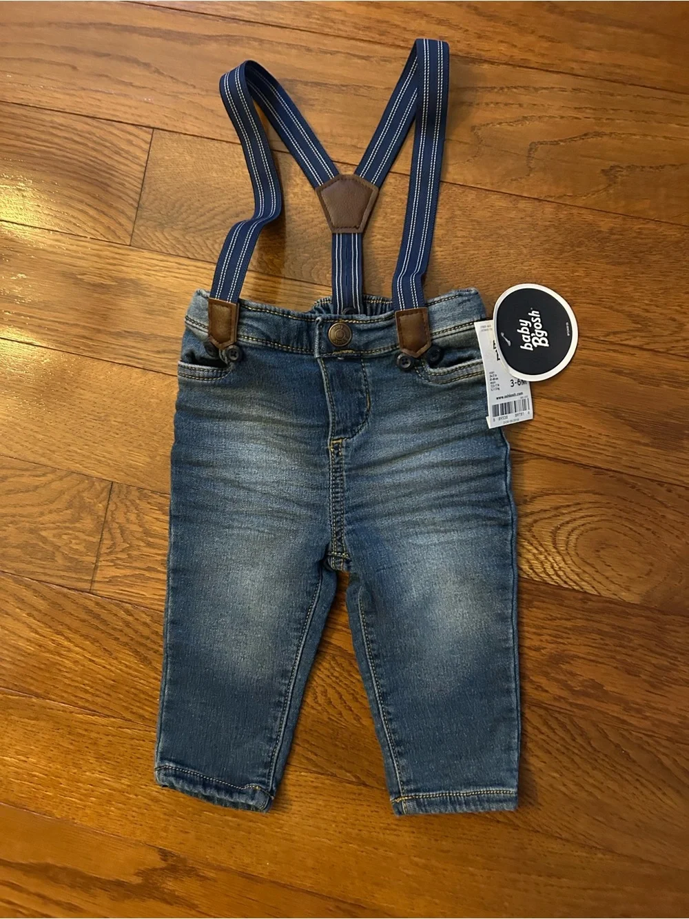 OshKosh B'gosh Blue Denim Jeans with Navy Striped Suspenders Size 3-6M NWT